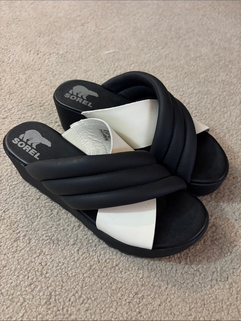 Sorel Black and White Quilted Cross-Strap Slide Sandals